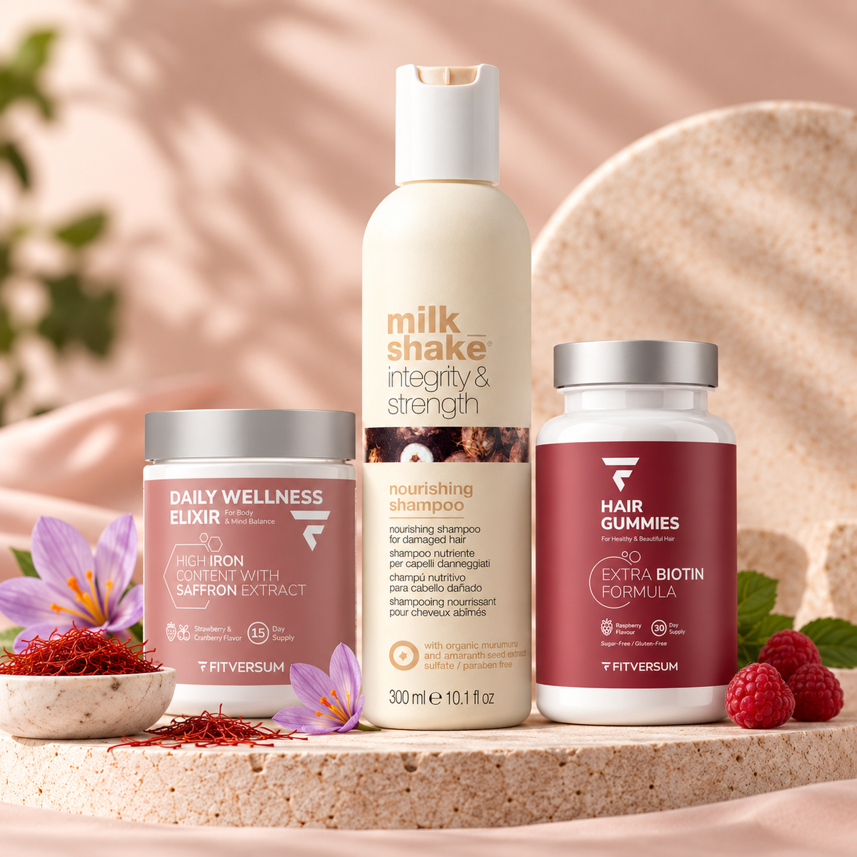 Hair Gummies + Daily Wellness Elixir + Integrity Nourishing sampon